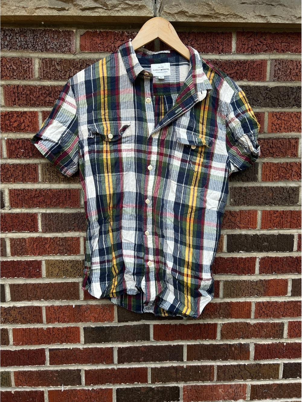 Lucky Brand Yellow Blue and White Plaid Button Down Short Sleeve Shirt